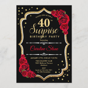 Invitation Surprise 40e anniversaire - Black Gold Red Invitat