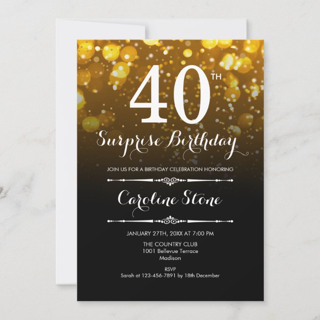 Invitation Surprise 40e anniversaire - Black Gold White (Devant)