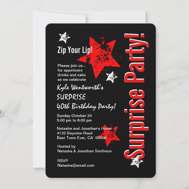 Invitation SURPRISE 40e anniversaire Black Red Grunge Stars 3 (Devant)