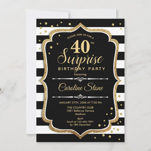 Invitation Surprise 40e anniversaire - Black White Gold (Devant)