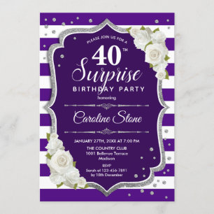 Invitation Surprise 40e anniversaire - Blanc d'argent violet