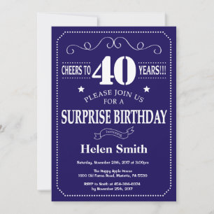 Invitation Surprise 40e Anniversaire Bleu Marine et Blanc