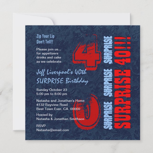 Invitation SURPRISE 40e anniversaire Bleu rouge blanc W604 (Devant)