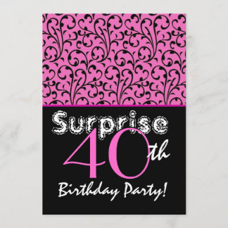 Invitation SURPRISE 40e anniversaire Bright Pink Black Swirls