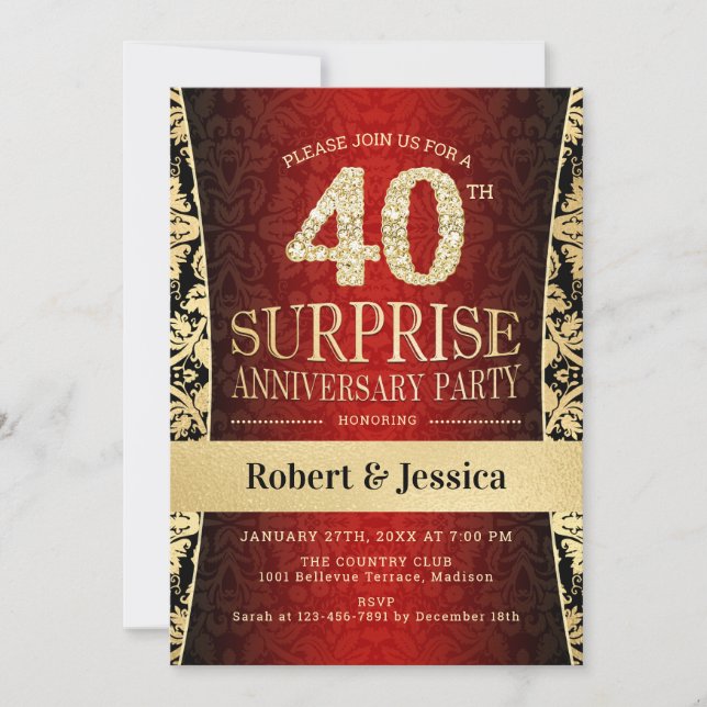 Invitation Surprise 40e anniversaire de la fête - Rouge Gold  (Devant)