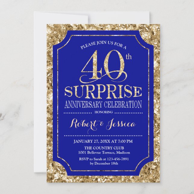 Invitation Surprise 40e anniversaire de mariage - Bleu Or (Devant)