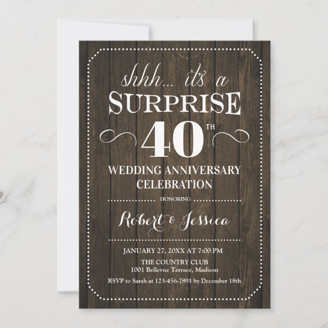 Invitation Surprise 40e anniversaire de mariage - Bois rustiq (Devant)