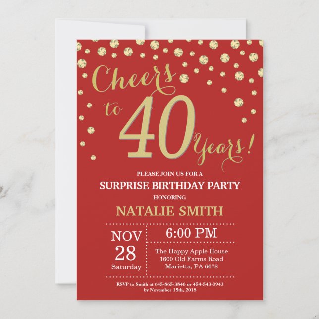 Invitation Surprise 40e anniversaire Diamant rouge et or (Devant)