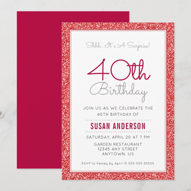 Invitation Surprise 40e anniversaire Faux Parties scintillant (Devant / Derrière)
