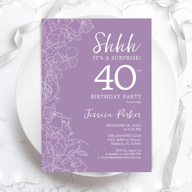 Invitation Surprise 40e anniversaire - Floral Purple (Créateur téléchargé)