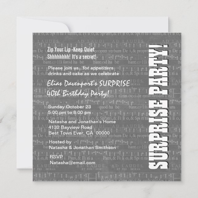 Invitation SURPRISE 40e anniversaire Grey White Music Notes G (Devant)