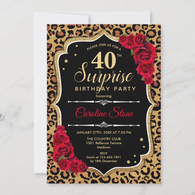 Invitation Surprise 40e anniversaire - Leopard Black Gold Red (Devant)