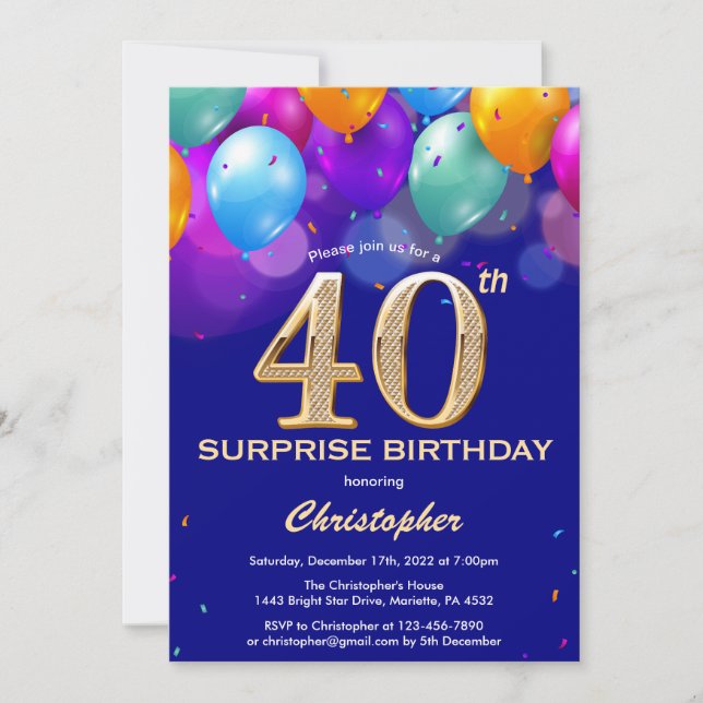 Invitation Surprise 40e anniversaire Marine Bleu et Ballons d (Devant)