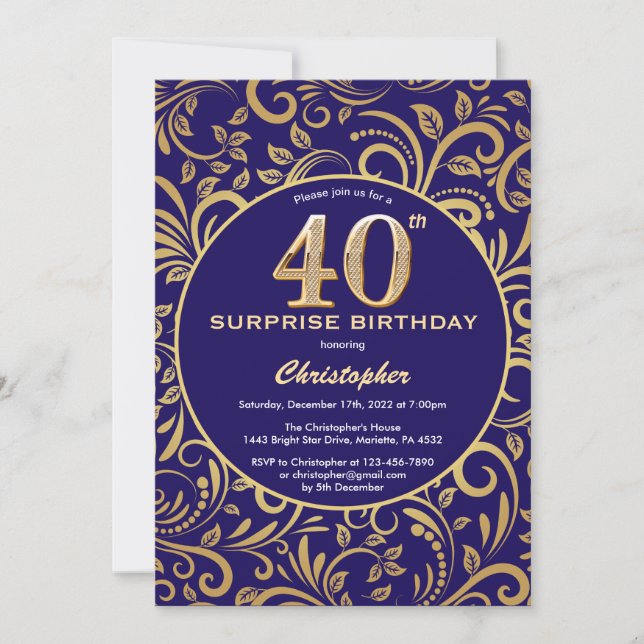 Invitation Surprise 40e anniversaire Marine bleu et or floral (Devant)