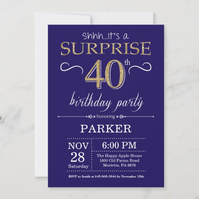 Invitation Surprise 40e anniversaire Marine Blue and Gold Par (Devant)
