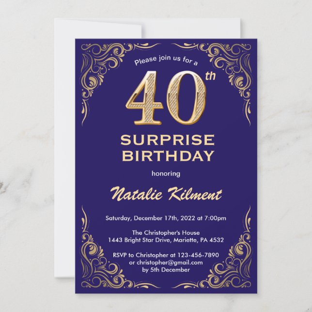 Invitation Surprise 40e anniversaire Marine Blue and Gold Par (Devant)