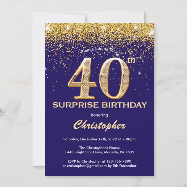 Invitation Surprise 40e anniversaire Marine Blue and Gold Par (Devant)