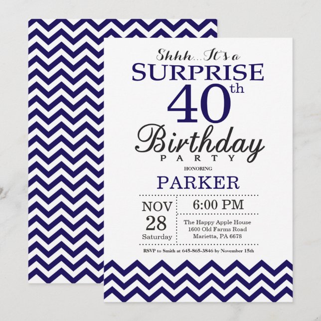 Invitation Surprise 40e anniversaire Marine Blue Chevron (Devant / Derrière)