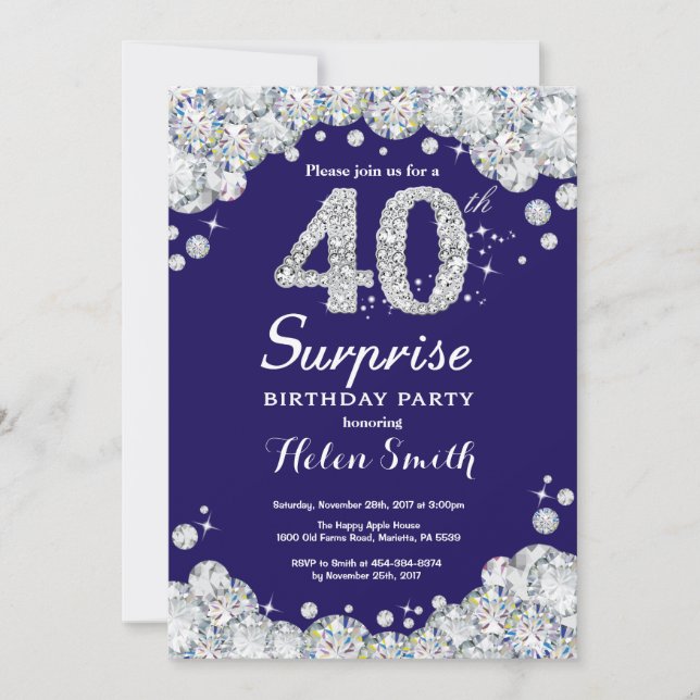 Invitation Surprise 40e anniversaire Marine Blue Silver Diamo (Devant)