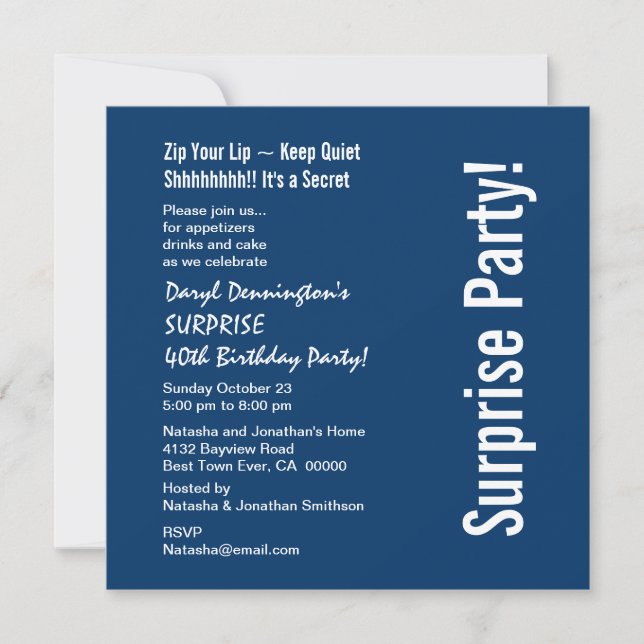 Invitation SURPRISE 40e anniversaire moderne Marine bleu blan (Devant)