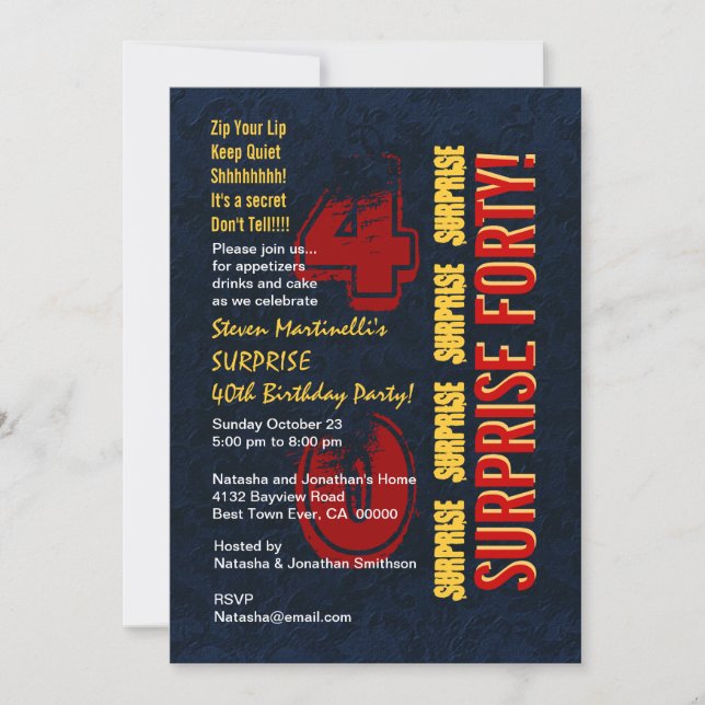 Invitation SURPRISE 40e anniversaire moderne Red Gold Blue (Devant)