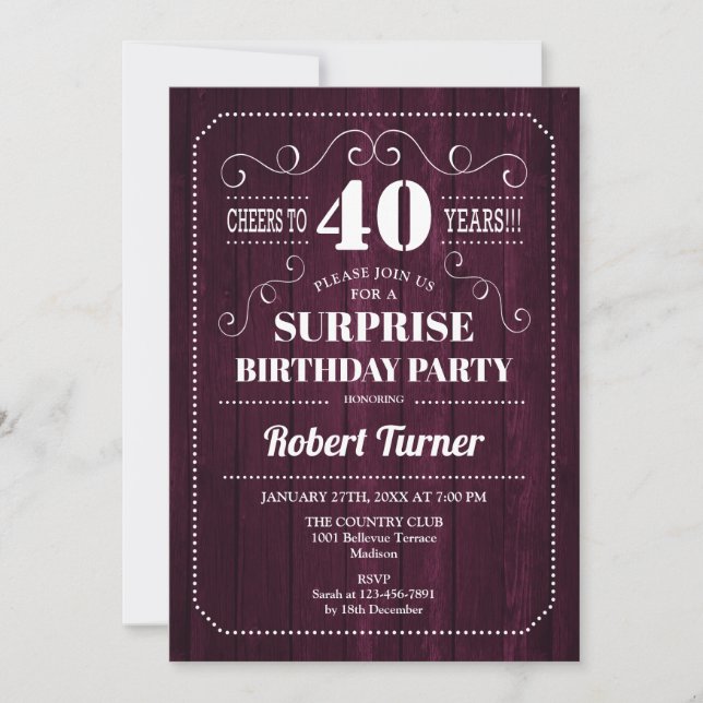 Invitation Surprise 40e anniversaire - Motif en bois de Bourg (Devant)