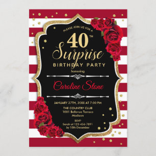 Invitation Surprise 40e anniversaire - Noir Blanc Rouge