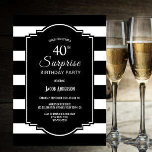 Invitation Surprise 40e anniversaire Noir et blanc rayé