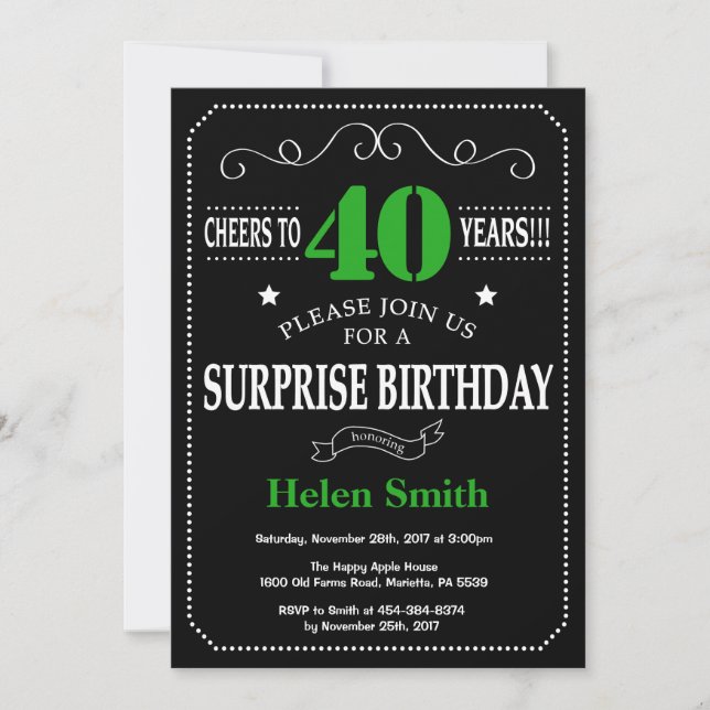 Invitation Surprise 40e anniversaire noir et vert Chalkboard (Devant)