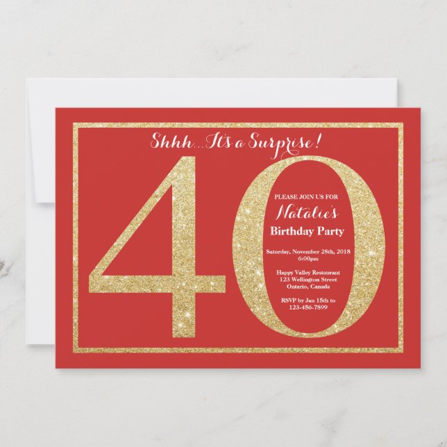 Invitation Surprise 40e anniversaire Parties scintillant roug (Devant)