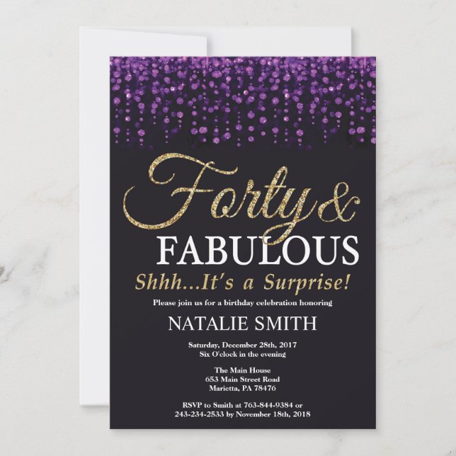 Invitation Surprise 40e anniversaire Parties scintillant viol (Devant)