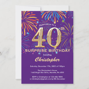 Invitation Surprise 40e anniversaire Purple and Gold Firework