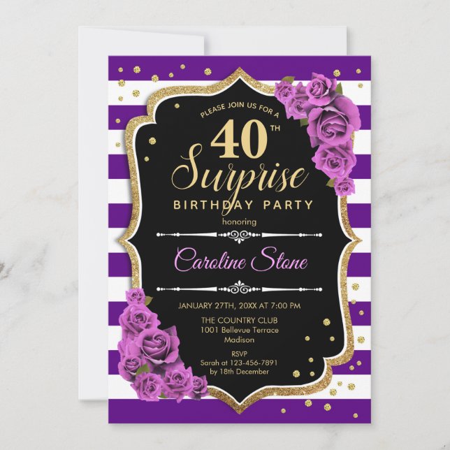 Invitation Surprise 40e anniversaire - Purple Gold (Devant)