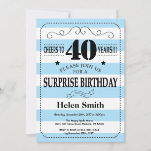 Invitation Surprise 40e Anniversaire Rayures Bleues et Blanch