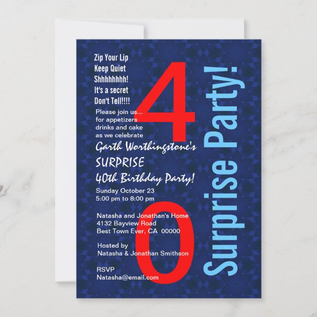 Invitation SURPRISE 40e anniversaire Rouge Blanc Bleu D345 (Devant)
