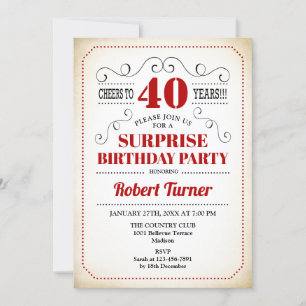 Invitation Surprise 40e anniversaire - Rouge Blanc Noir