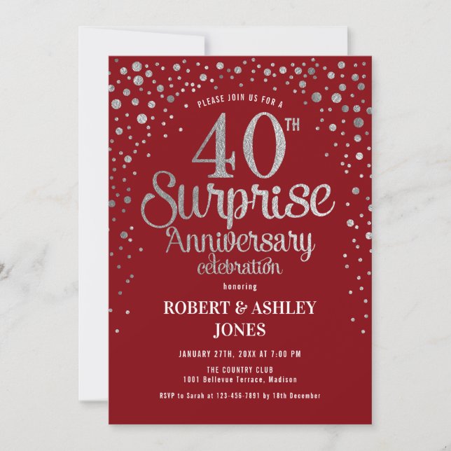 Invitation Surprise 40e anniversaire - Rouge rubis et argent (Devant)