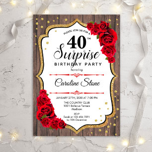 Invitation Surprise 40e anniversaire - Rustic Wood Red Roses