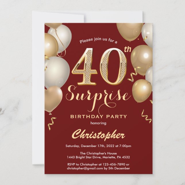 Invitation Surprise 40e anniversaire Sombre Rouge et Or Ballo (Devant)