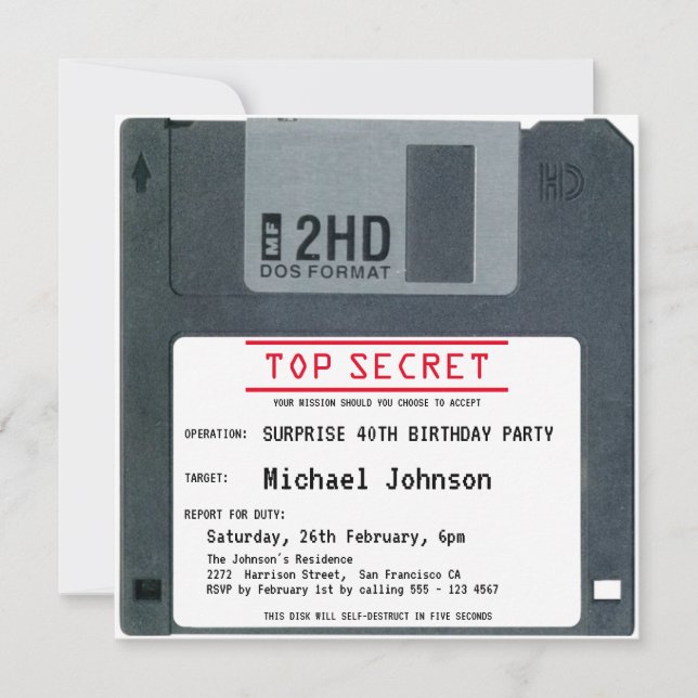 Invitation Surprise 40e anniversaire Top Secret Retro 80s Dis (Devant)