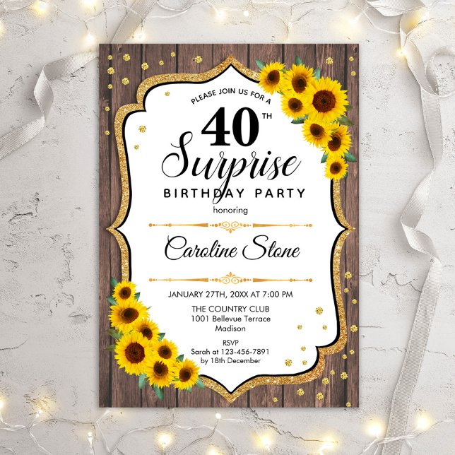 Invitation Surprise 40e anniversaire - Tournesols Bois rustiq (Créateur téléchargé)