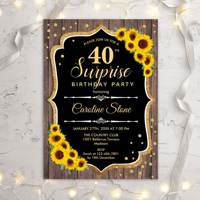 Invitation Surprise 40e anniversaire - Tournesols Bois rustiq (Créateur téléchargé)