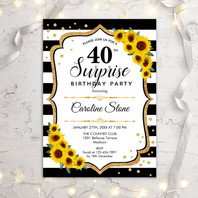 Invitation Surprise 40e anniversaire - Tournesols Noir Blanc (Créateur téléchargé)