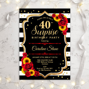 Invitation Surprise 40e anniversaire - Tournesols Roses rouge