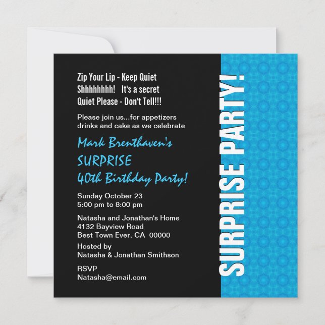 Invitation SURPRISE 40e anniversaire Turquoise moderne Bleu W (Devant)