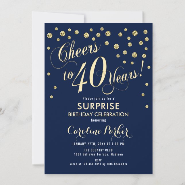 Invitation Surprise 40e fête d'anniversaire - Gold Navy (Devant)