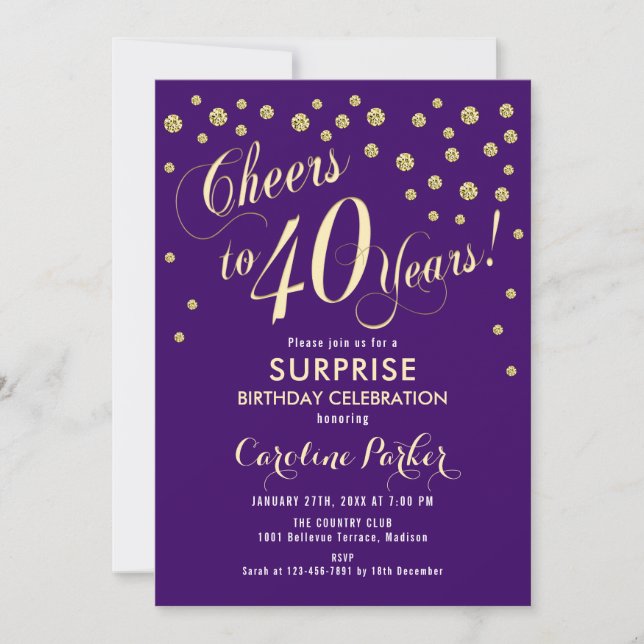 Invitation Surprise 40e fête d'anniversaire - Gold Purple (Devant)