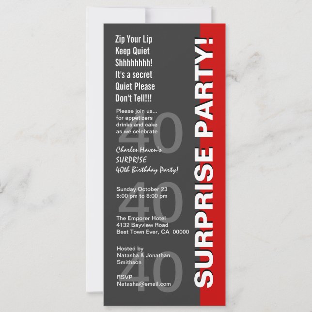 Invitation SURPRISE 40e fête d'anniversaire Modern Grey Red V (Devant)