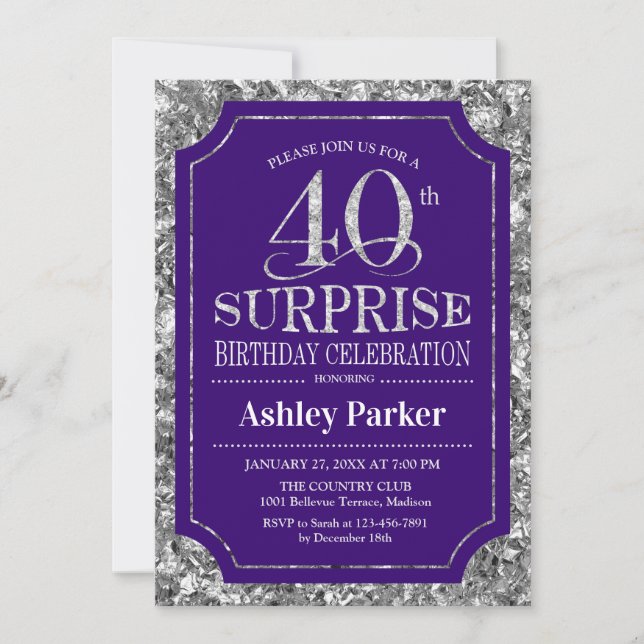 Invitation Surprise 40e fête d'anniversaire - Silver Purple (Devant)