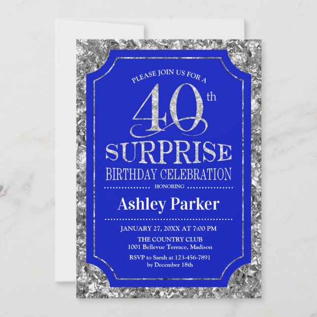 Invitation Surprise 40e fête d'anniversaire - Silver Royal Bl (Devant)